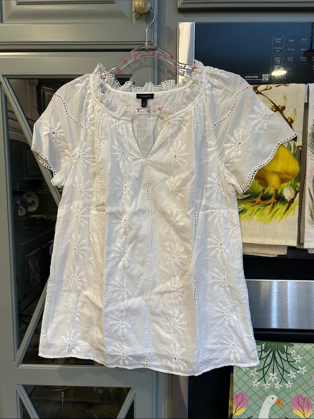 Talbots White Eyelet Cotton Embroidered Peasant Blouse